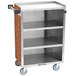 A Lakeside stainless steel utility cart with enclosed base and wood grained finish.