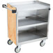 A Lakeside stainless steel utility cart with two shelves and a wooden base.