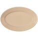 A tan oval platter with a white background.
