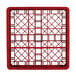A red plastic Vollrath glass rack with nine compartments and a grid pattern.