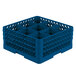 A Vollrath royal blue plastic glass rack with 9 compartments.
