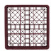 A burgundy plastic Vollrath glass rack with square compartments.
