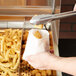 A person's hand holding a box of fries under a Hatco fry holding station.