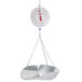 A Cardinal Detecto hanging scale with a metal scoop hanging from a chain and a white dial with red hands.