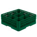 A green Vollrath plastic glass rack with six compartments.