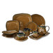 A group of brown TuxTrendz china platters and cups.