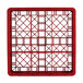 A red plastic Vollrath TR10FA Traex glass rack with a grid pattern.