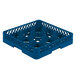 A Vollrath Traex blue plastic glass rack with compartments and holes.