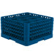 A Vollrath royal blue plastic glass rack with 12 compartments and an open rack extender on top.