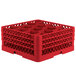 A red plastic Vollrath Traex rack with 12 compartments.
