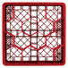 A red plastic Vollrath Traex rack with 12 hexagon-shaped compartments.