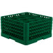 A green plastic Vollrath Traex glass rack with 12 compartments.
