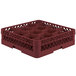 A burgundy Vollrath Traex glass rack with 12 compartments and an open rack extender.