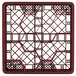 A burgundy plastic Vollrath Traex glass rack with 12 compartments and open rack extender.