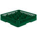 A green plastic Vollrath Traex glass rack with 12 compartments and a grid.
