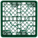 A green plastic Vollrath Traex glass rack with 12 compartments and a grid pattern.