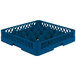 A Vollrath blue plastic glass rack with 12 compartments and holes.