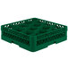 A green plastic Vollrath Traex glass rack with 12 compartments.