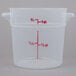 A translucent round plastic container with red measurement lines.