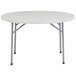 A gray NPS round folding table with legs.