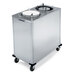 A Lakeside stainless steel mobile enclosed dish dispenser with two stacks of white dishes inside.