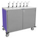 A Lakeside stainless steel serving cart with purple and silver dispensing pumps.
