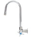 A chrome T&S wall mounted faucet with a silver gooseneck spout and blue handle.