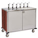 A stainless steel Lakeside condiment cart with red maple finish and 12 pumps.