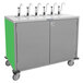 A grey and green Lakeside serving cart with four taps for condiments.