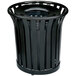 A black Rubbermaid metal trash can with a lid.