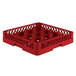 A red plastic Vollrath TR8 Traex glass rack with 16 compartments.