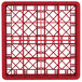 A red Vollrath plastic tray with a grid pattern for 16 glasses.