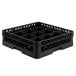 A black plastic Vollrath Traex glass rack with 16 compartments for 4 13/16" glasses.