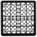 A black plastic Vollrath glass rack with 16 square compartments.
