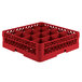 A red plastic Vollrath Traex glass rack with 16 compartments.