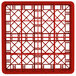 A red Vollrath plastic crate with a grid pattern and 16 compartments.