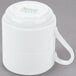 An Arcoroc white stackable coffee mug with a handle.