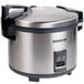 A stainless steel Proctor Silex commercial rice cooker with a black lid.