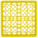 A yellow plastic Vollrath Traex glass rack with 16 compartments and a grid pattern.