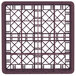 A burgundy plastic Vollrath glass rack with a grid pattern and 16 compartments.