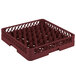 A burgundy Vollrath Traex glass rack with 20 compartments.