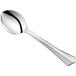 A Visions silver plastic soup spoon with a long handle.