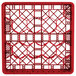 A red plastic Vollrath Traex glass rack with 20 compartments and a grid pattern.