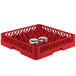 A Vollrath red plastic dish rack with 20 glass compartments holding two glass cups.
