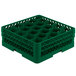 A green plastic Vollrath Traex glass rack with 20 compartments and open rack extender on top.