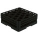 A black plastic Vollrath glass rack with 20 compartments.