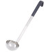 A Vollrath stainless steel ladle with a black Kool-Touch handle.