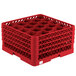 A red plastic Vollrath Traex glass rack with 20 compartments.