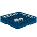 A Vollrath blue plastic glass rack with clear containers inside.
