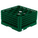 A green plastic Vollrath Traex rack with 20 compartments and a grid with holes.